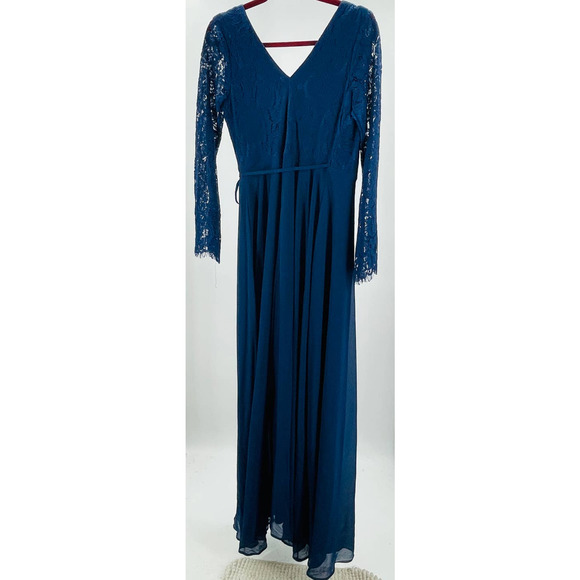 LULU'S SZ L Utterly In Love Navy Blue Lace Long Sleeve Maxi Wrap Dress NEW B74 - Picture 4 of 10